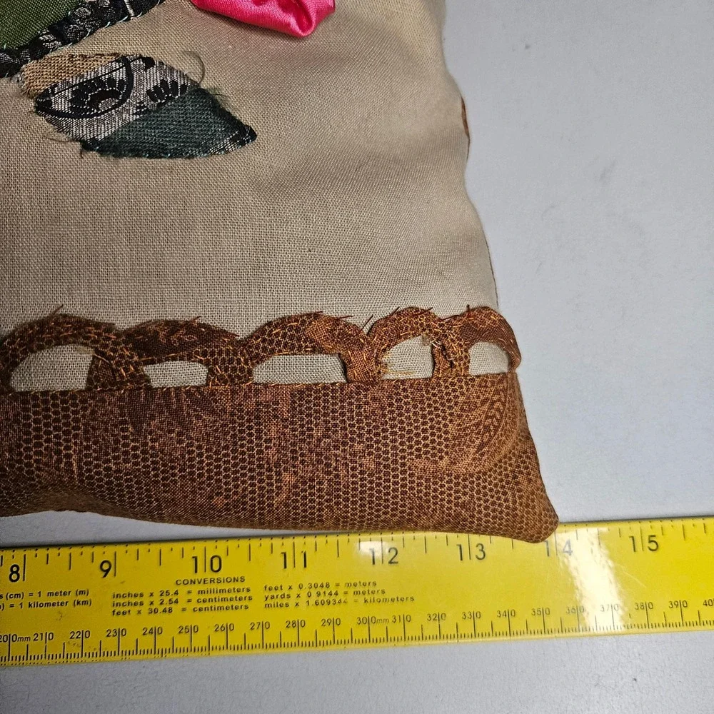 Vtg Handmade Floral Applique Throw‎ Pillow 3D Velvet Satin Flowers Cottagecore